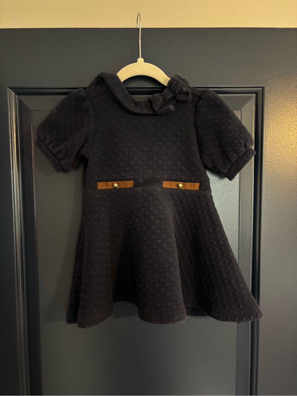 Classic Navy Quilted Girls Dress with Bow Collar